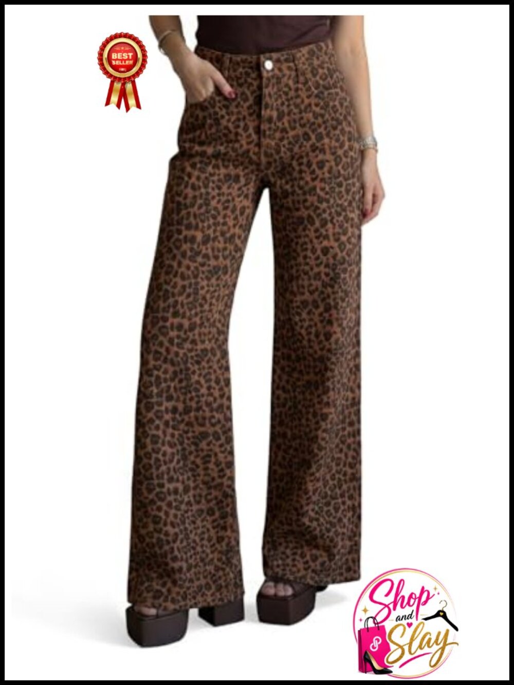Womens High Waisted Wide Leg Baggy Stretchy Jeans Leopard Print - Picture 1 of 5
